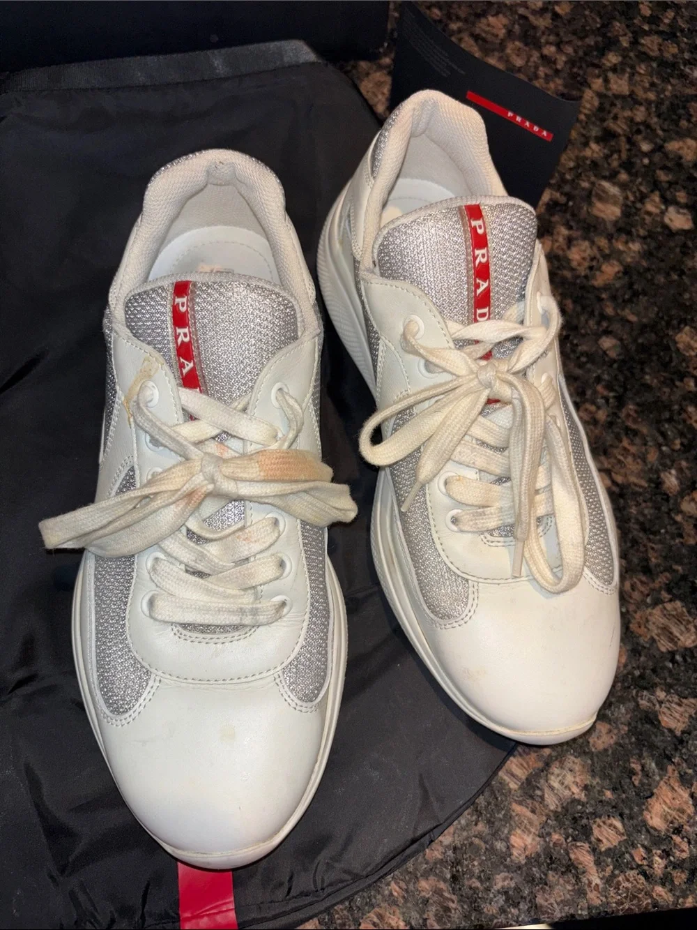 Prada Men’s Off-White Cream Mesh & Leather Sneakers
